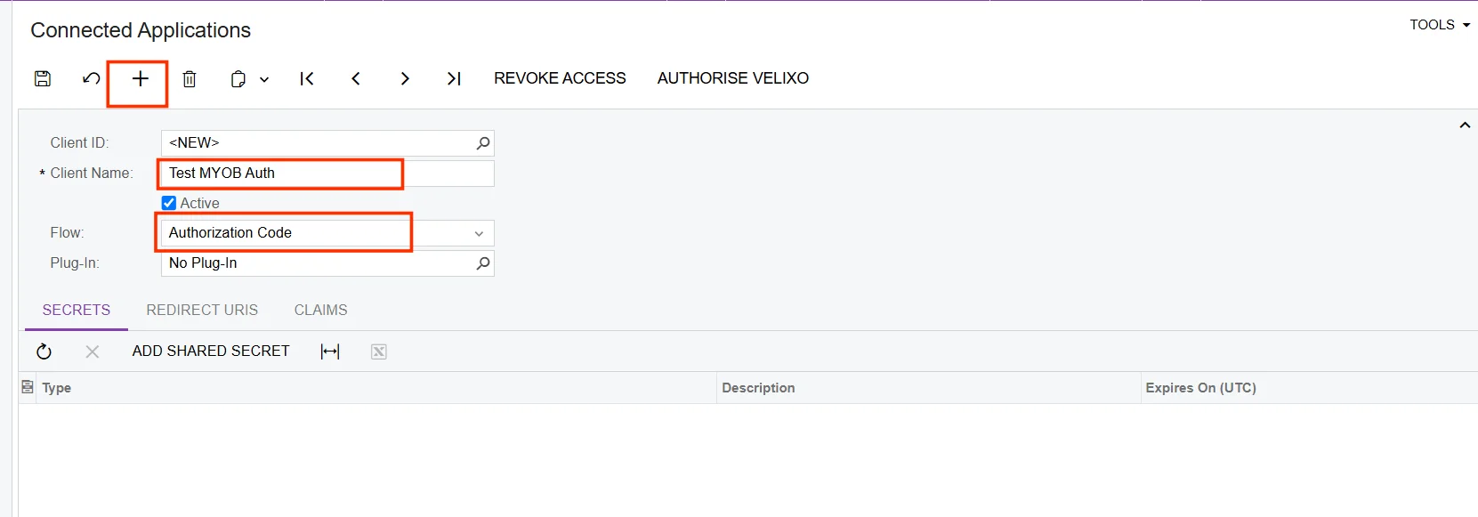 MYOB Connected Applications screen showing new client setup with client name, active status, and Authorization Code flow selected.