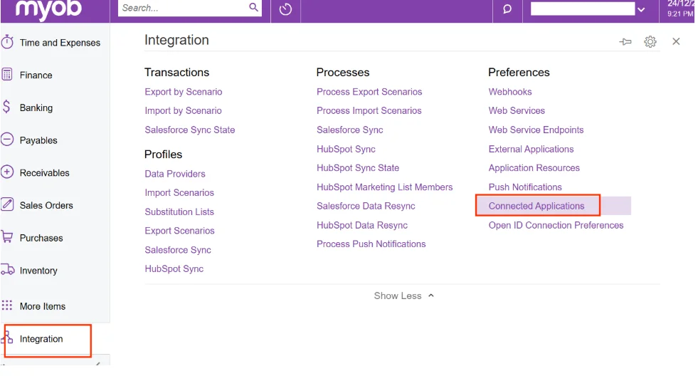 MYOB Integration menu showing transactions, processes, and preferences with Connected Applications highlighted.