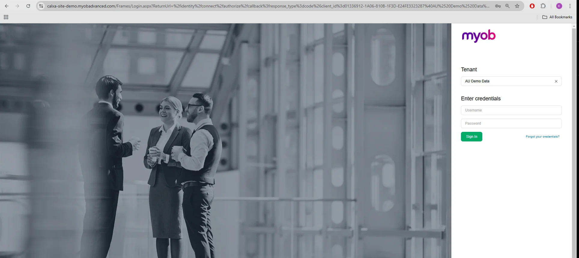 MYOB login page displaying tenant selection and credential fields during authentication process