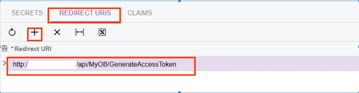 MYOB Connected Applications redirect URI setup screen showing added GenerateAccessToken API redirect URL.