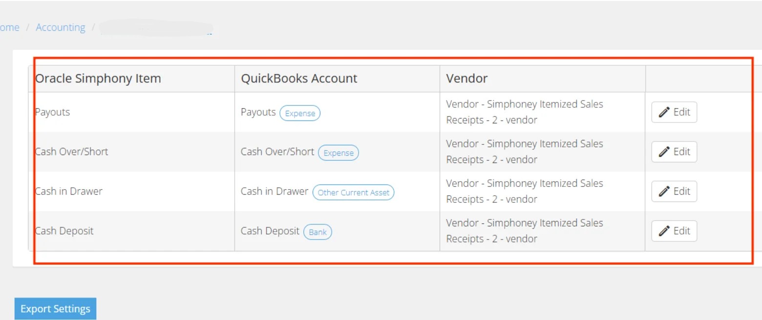 Oracle Symphony cash-related items mapped to QuickBooks accounts with vendor assignments for payouts, cash over short, drawer and deposit.
