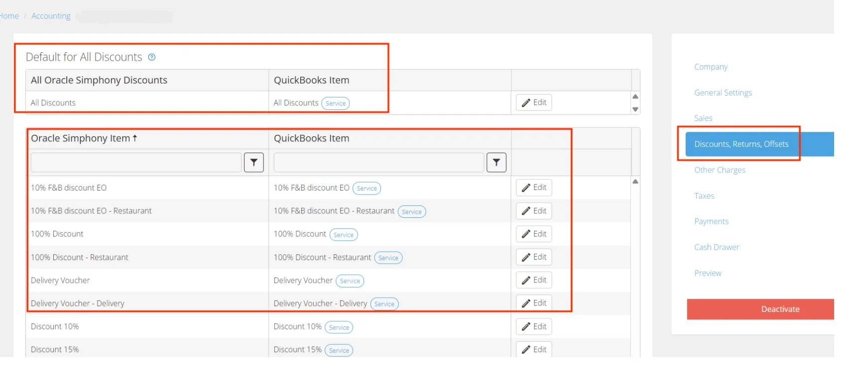Oracle Symphony discount items mapped to QuickBooks discount items with default All Discounts settings and editable mappings.