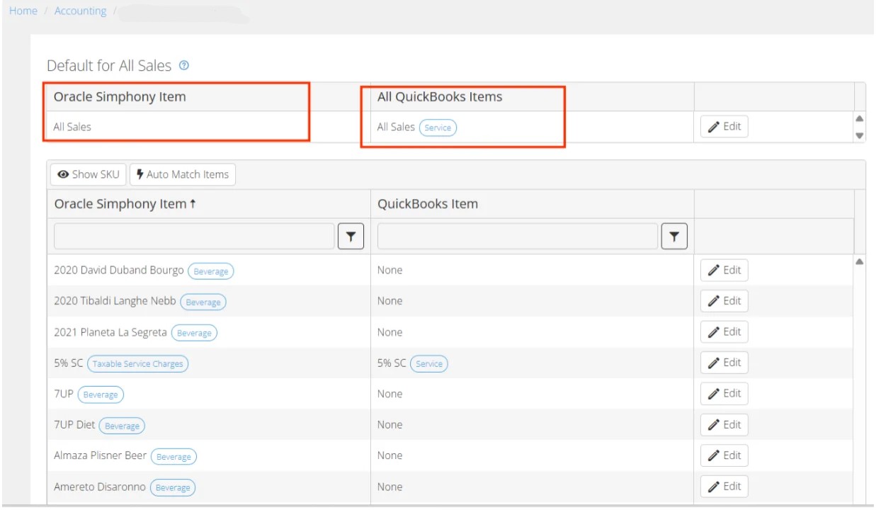 Oracle Symphony items mapped to QuickBooks items with default All Sales settings and editable item mapping list for syncing.