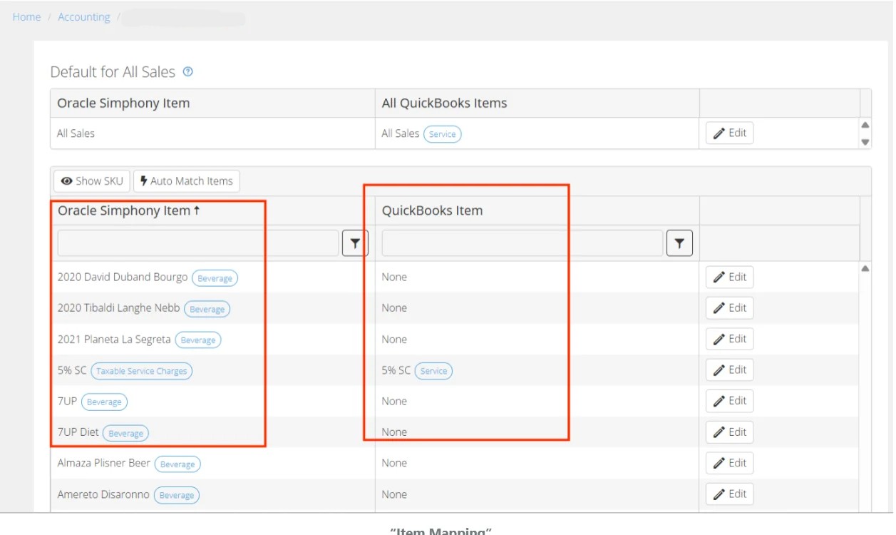 Oracle Symphony items listed alongside unmapped QuickBooks items in the item mapping table for All Sales configuration.