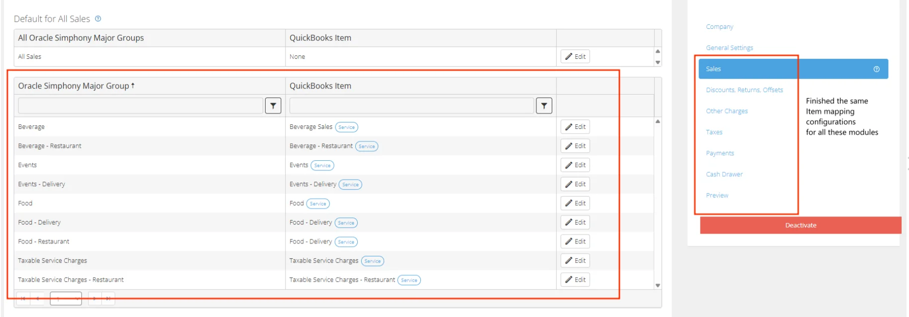 Oracle Symphony major groups mapped to QuickBooks items with edit options and module menu showing sales and related configuration sections.