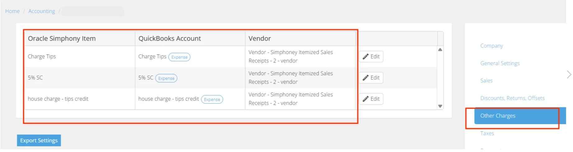 Oracle Symphony other charges mapped to QuickBooks expense accounts with vendor assignments shown in the item mapping table.