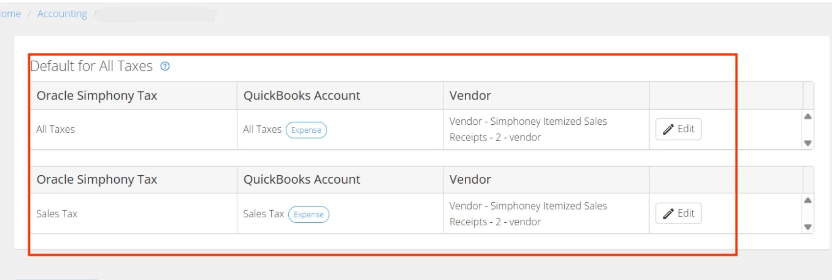 Oracle Symphony tax items mapped to QuickBooks tax expense accounts with vendor assignments under Default for All Taxes settings.