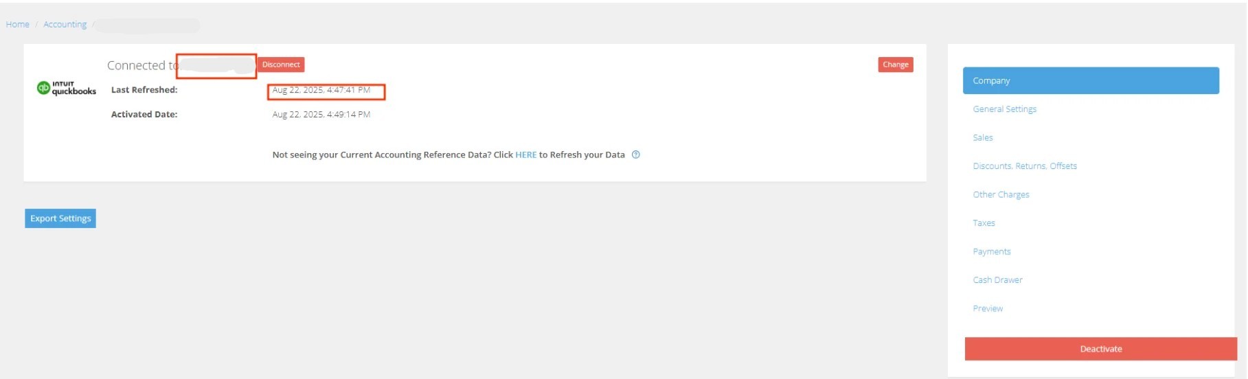 QuickBooks connection screen showing linked Dara Testing account with refresh time, activation date, export settings and company menu.