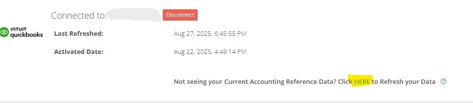 QuickBooks integration status showing last refreshed date, activated date, and option to refresh current accounting reference data.