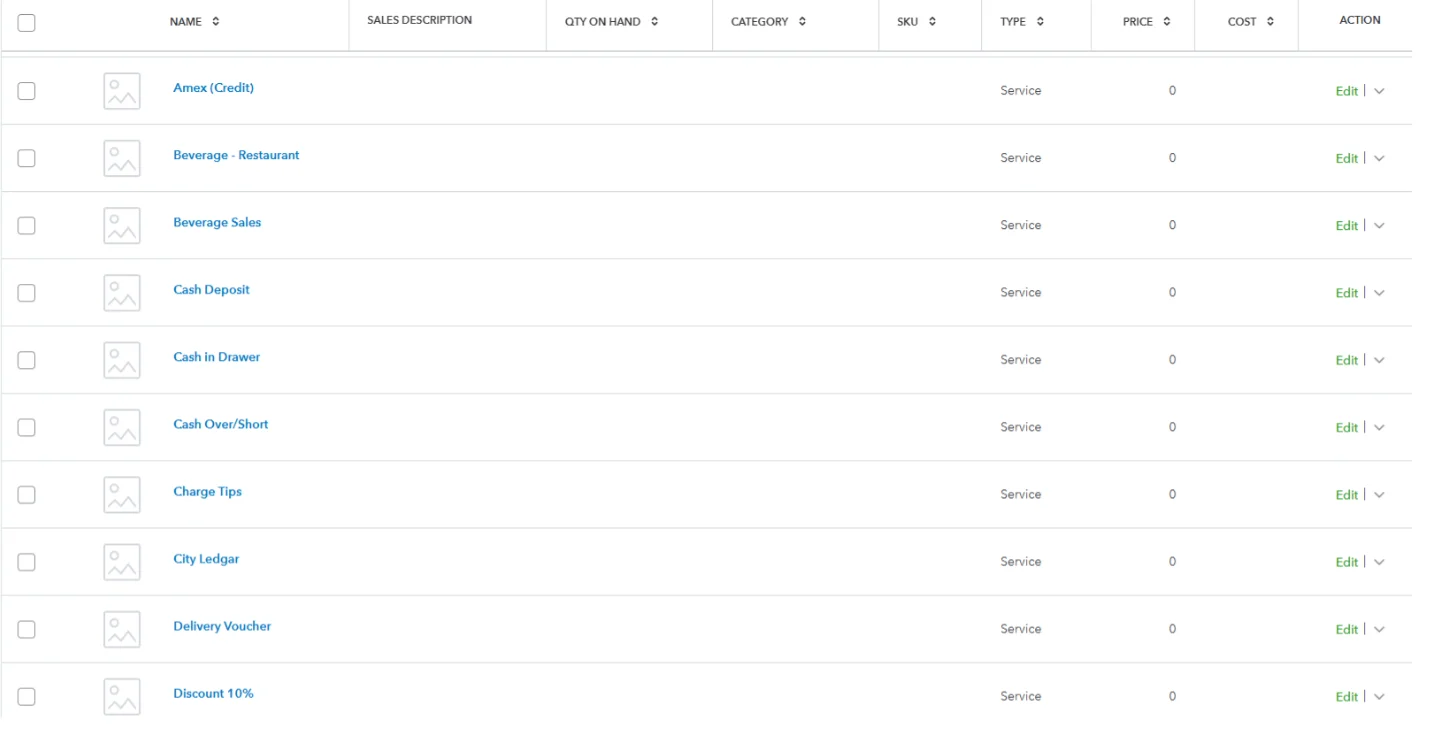 QuickBooks item list showing service items such as Amex credit, beverage sales, cash deposit, cash drawer, charge tips and discounts.