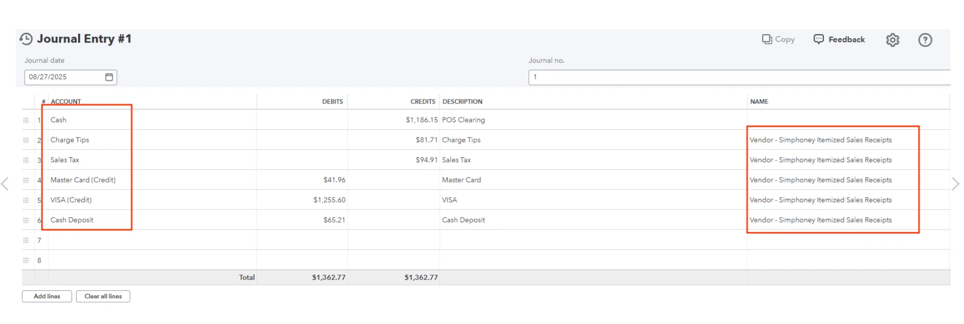 QuickBooks journal entry showing Cash, Charge Tips, Sales Tax, credit card accounts, and Cash Deposit linked to Simphoney Itemized Sales Receipts.
