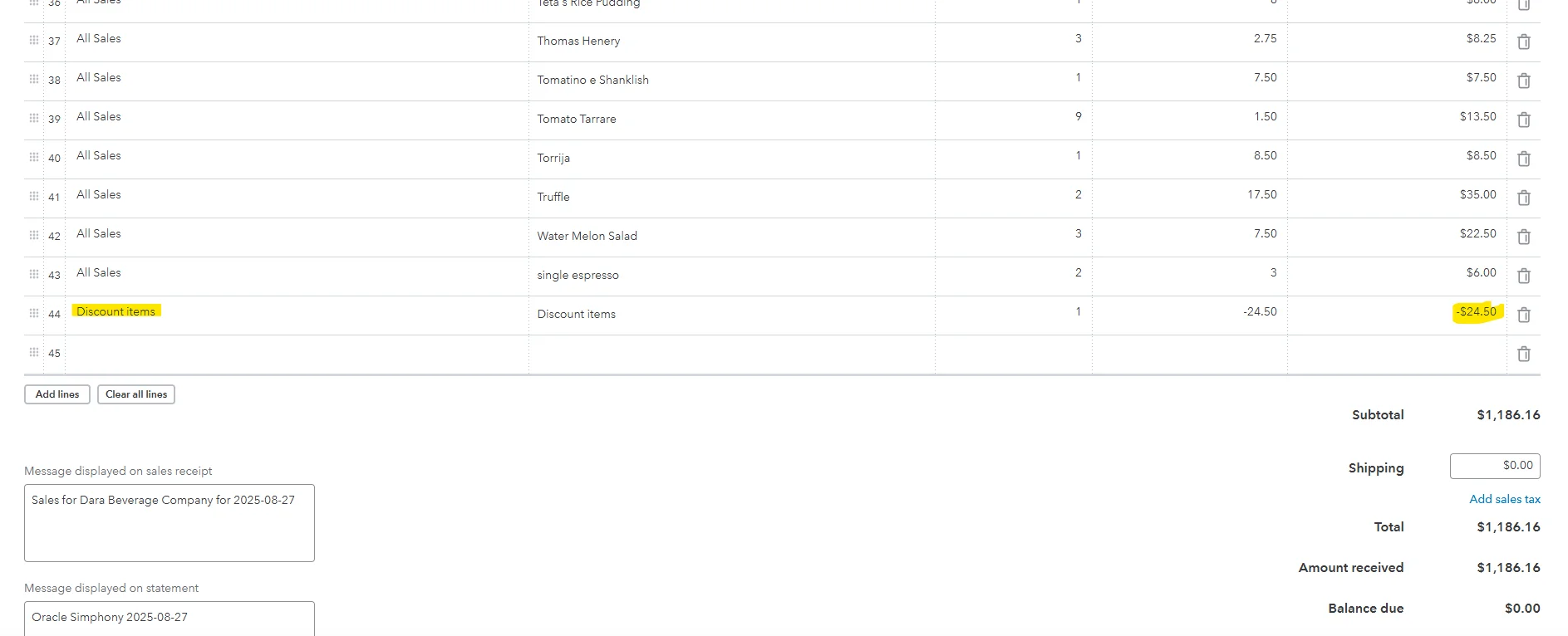 QuickBooks sales receipt showing multiple All Sales lines and a Discount items entry with negative amount applied to the total.