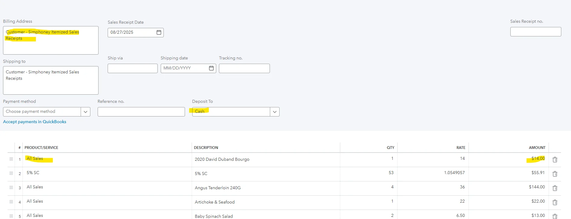 QuickBooks sales receipt showing Simphoney Itemized Sales Receipts customer, cash deposit, and product lines including All Sales and 5% SC.