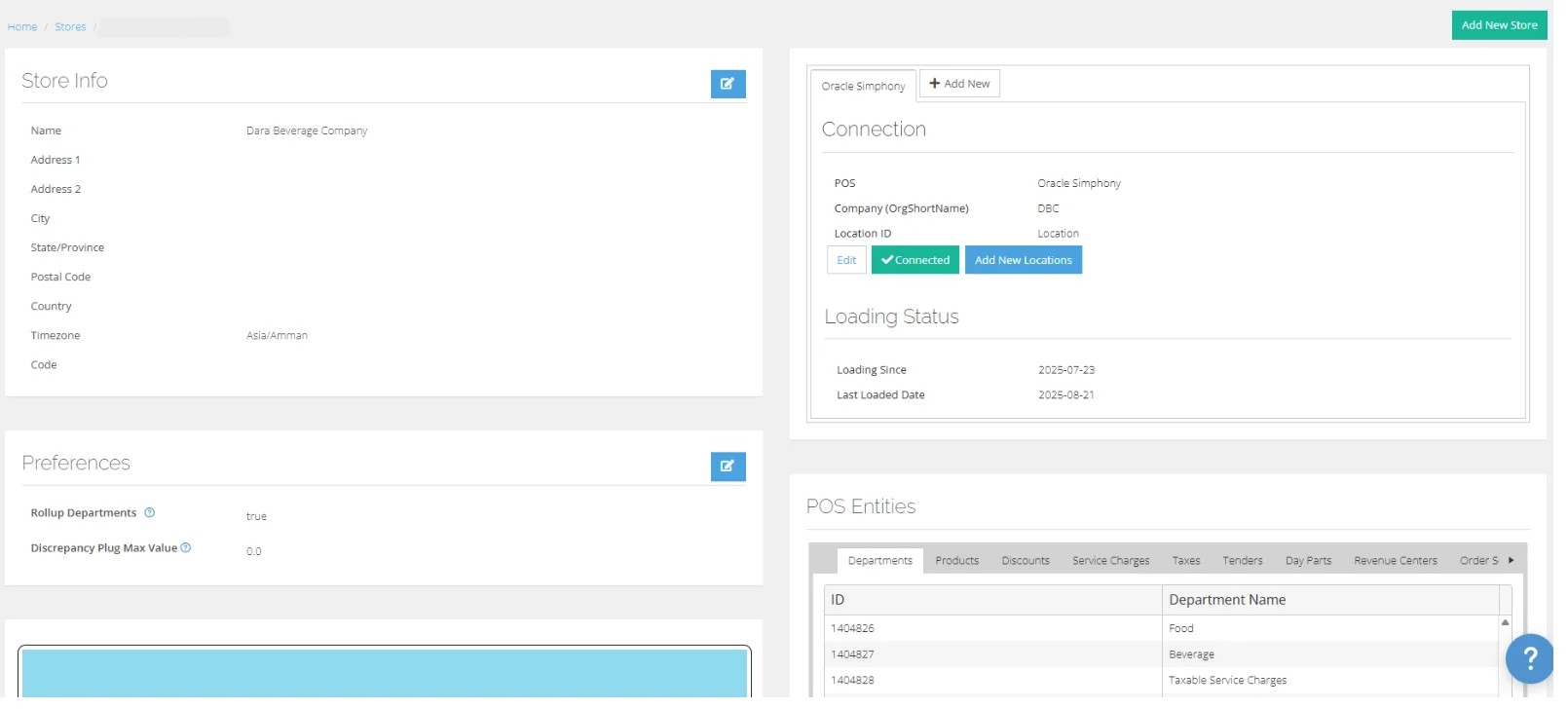Store Info and Oracle Symphony connection settings showing store details, POS connection status, loading dates, preferences and POS entities.