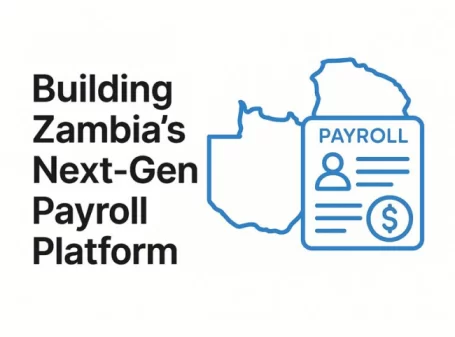 Illustration highlighting Zambia’s next-gen payroll platform with country outline and digital payroll icon.