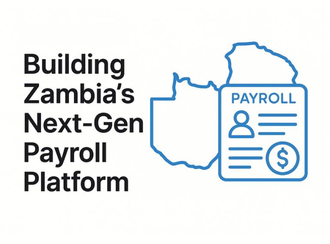 Illustration highlighting Zambia’s next-gen payroll platform with country outline and digital payroll icon.