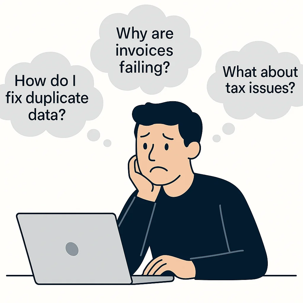Frustrated person at laptop thinking about invoice failures, duplicate data issues, and tax problems in accounting workflows.
