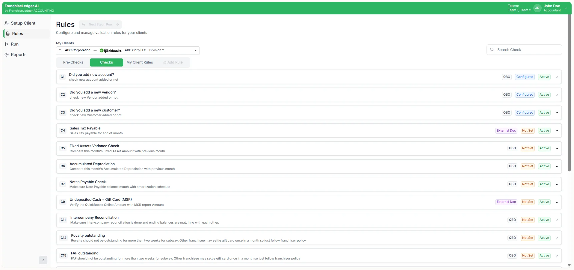 Accounting rules configuration screen showing validation checks, QuickBooks integration, and active compliance rules
