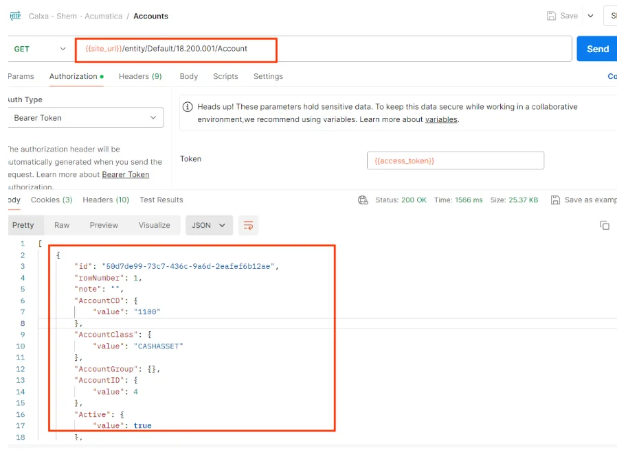Postman GET request to Acumatica Accounts endpoint showing account data response with bearer token authentication.