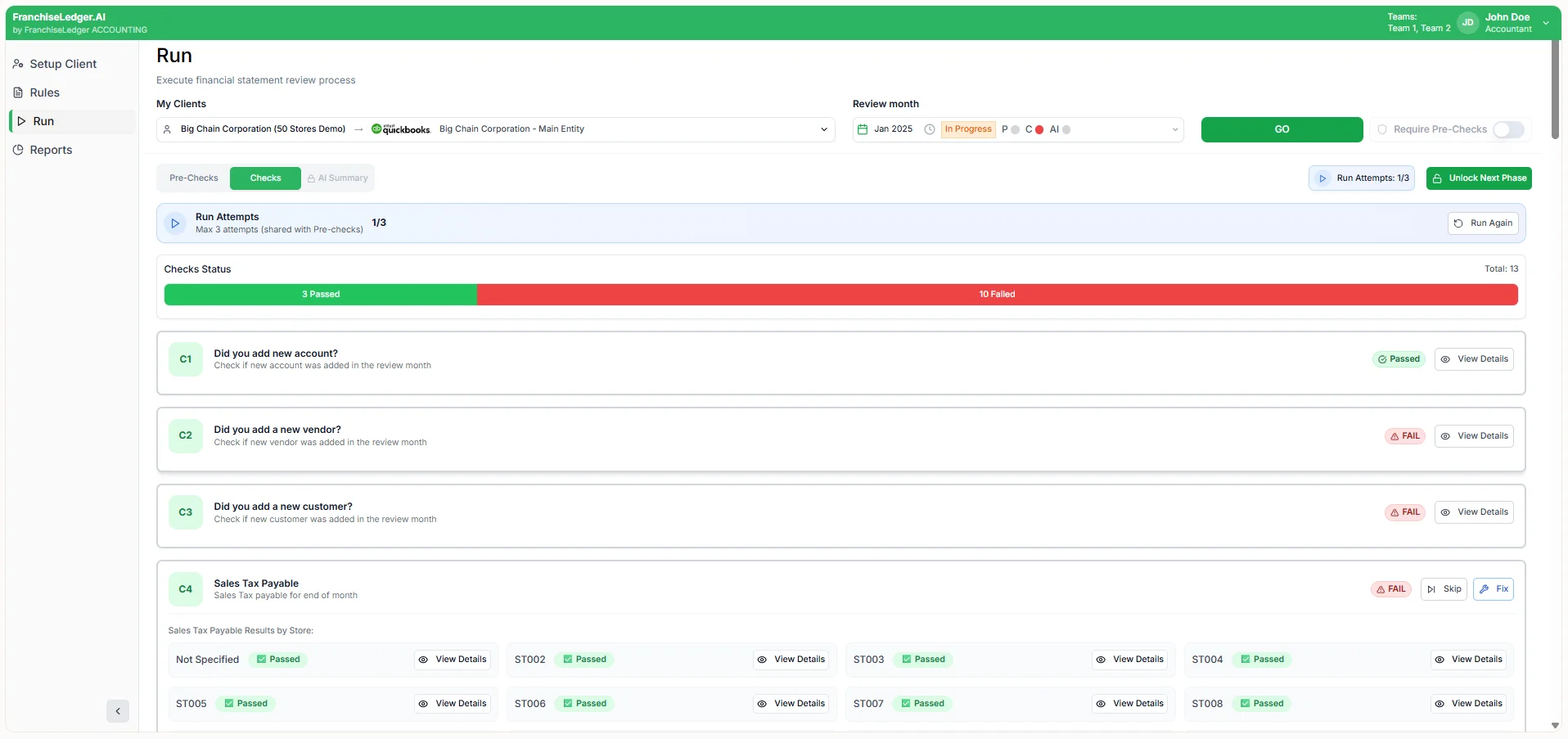 AI accounting run screen showing financial review checks, pass fail status, sales tax validation, and workflow actions