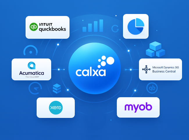 Calxa integration illustration showing connections with QuickBooks, Xero, MYOB, Acumatica, and Microsoft Dynamics 365 Business Central.