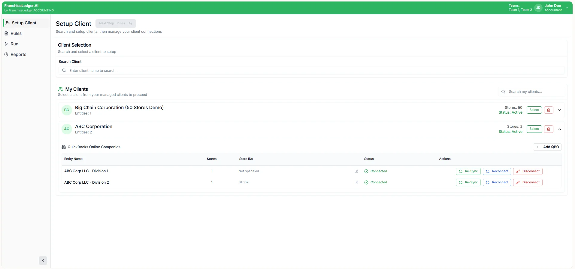 Client setup dashboard showing QuickBooks connections, multi-entity clients, store mapping, and sync status