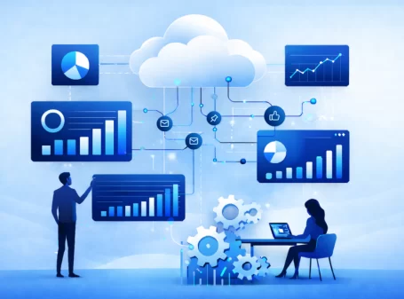 Cloud accounting automation illustration showing connected financial dashboards, real-time data flow, and SaaS analytics