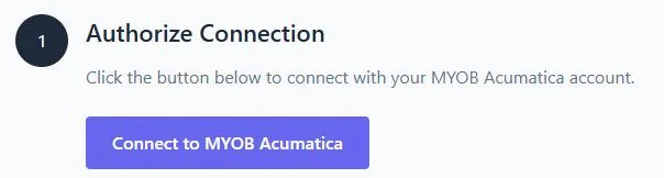 Authorize connection screen with button to connect a MYOB Acumatica account for integration setup.