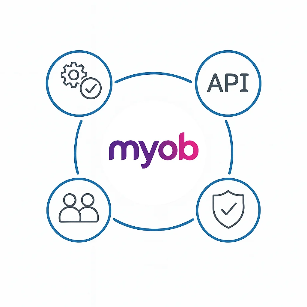 MYOB API ecosystem graphic showing features like automation, users, security, and integrations around the MYOB logo.