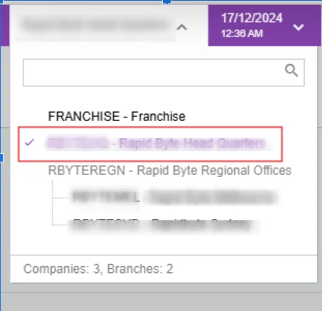 MYOB interface showing franchise selection with Rapid Byte Head Quarters highlighted in the organization list.