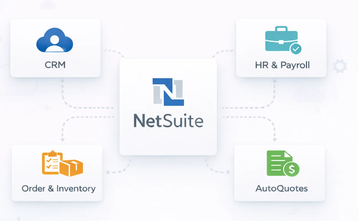 NetSuite integration diagram connecting CRM, HR and payroll, order and inventory management, and AutoQuotes systems