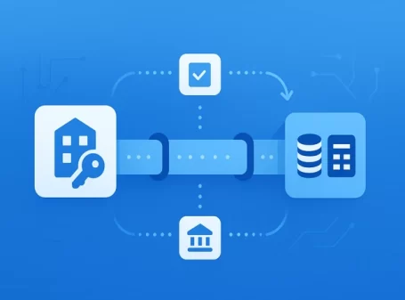 Illustration showing automated data flow between property management systems, banking, and accounting platforms.