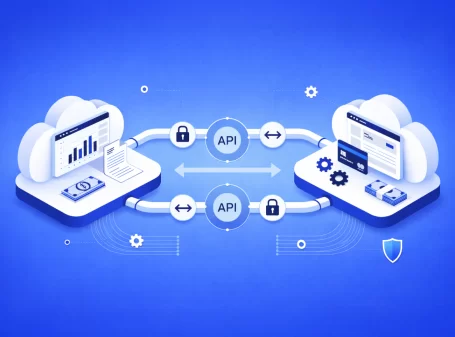 Real-time API integration illustration showing secure two-way data sync between cloud accounting systems