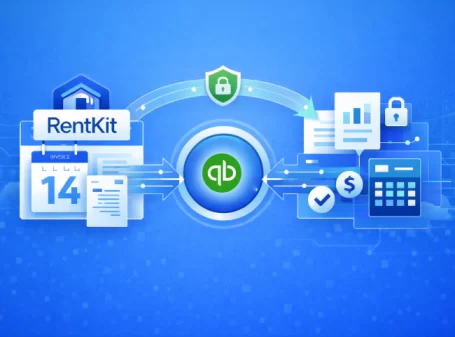 RentKit and QuickBooks Online integration showing secure real-time accounting sync for invoices, payments, and reports
