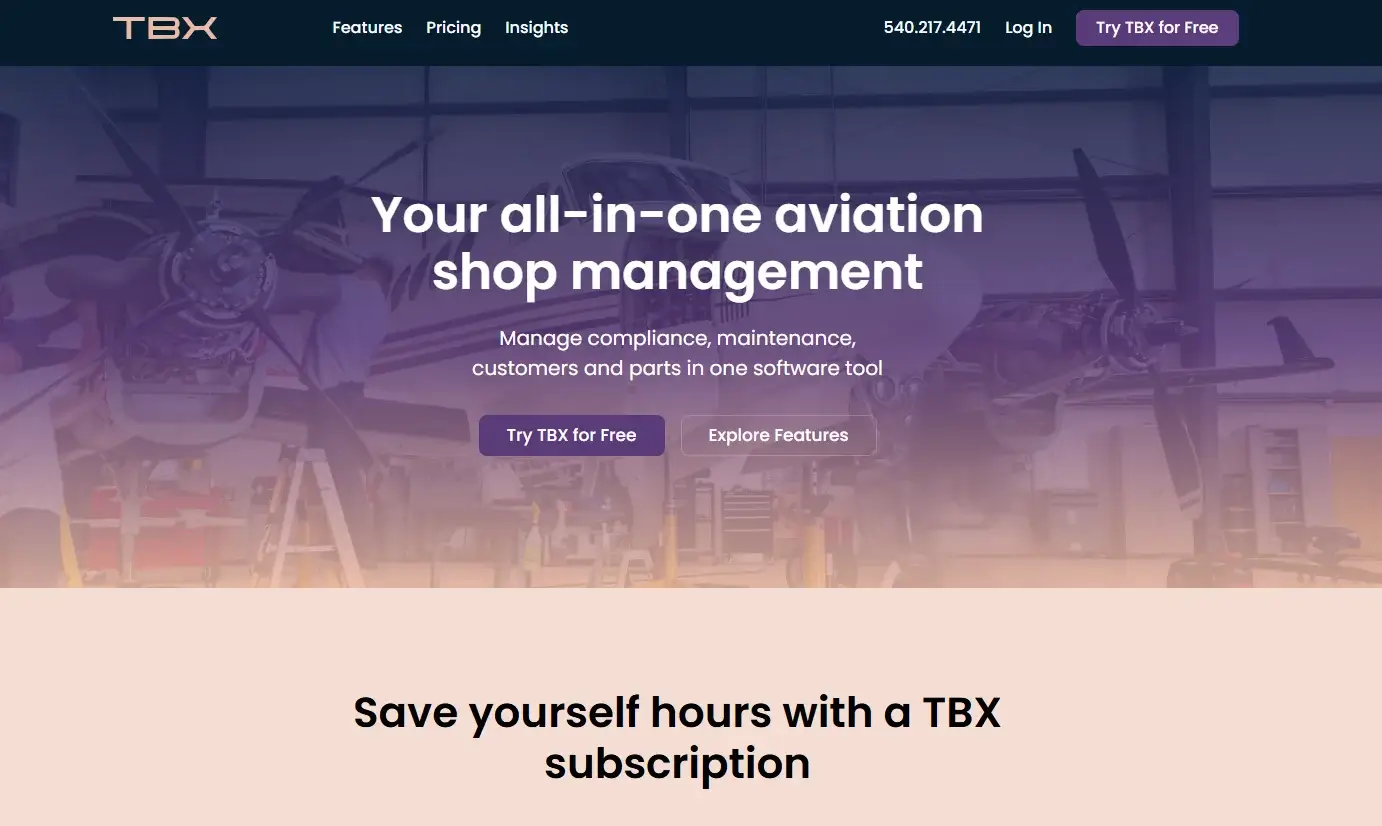 TBX aviation shop management software hero banner promoting compliance, maintenance, customer and parts management tools.