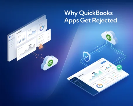 Comparison of QuickBooks app rejection vs approved API integration workflow showing security validation and successful data sync