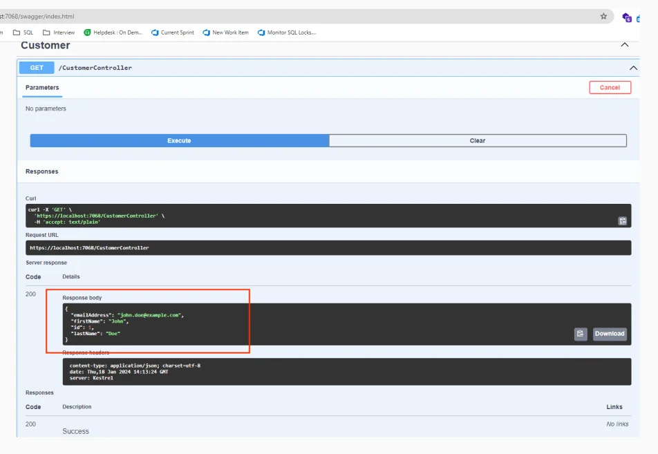 Swagger UI testing ASP.NET Core API endpoint consuming WCF SOAP service with JSON response