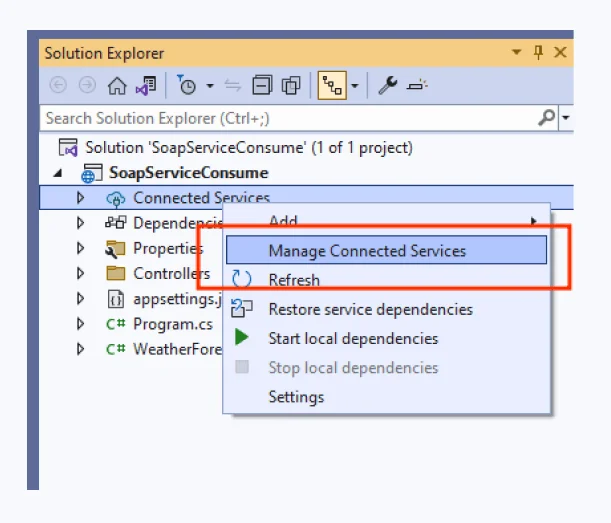 Visual Studio Manage Connected Services option in ASP.NET Core project to add SOAP service reference