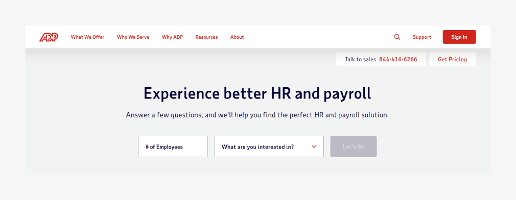 ADP homepage showing HR and payroll solutions with employee count and interest selection form