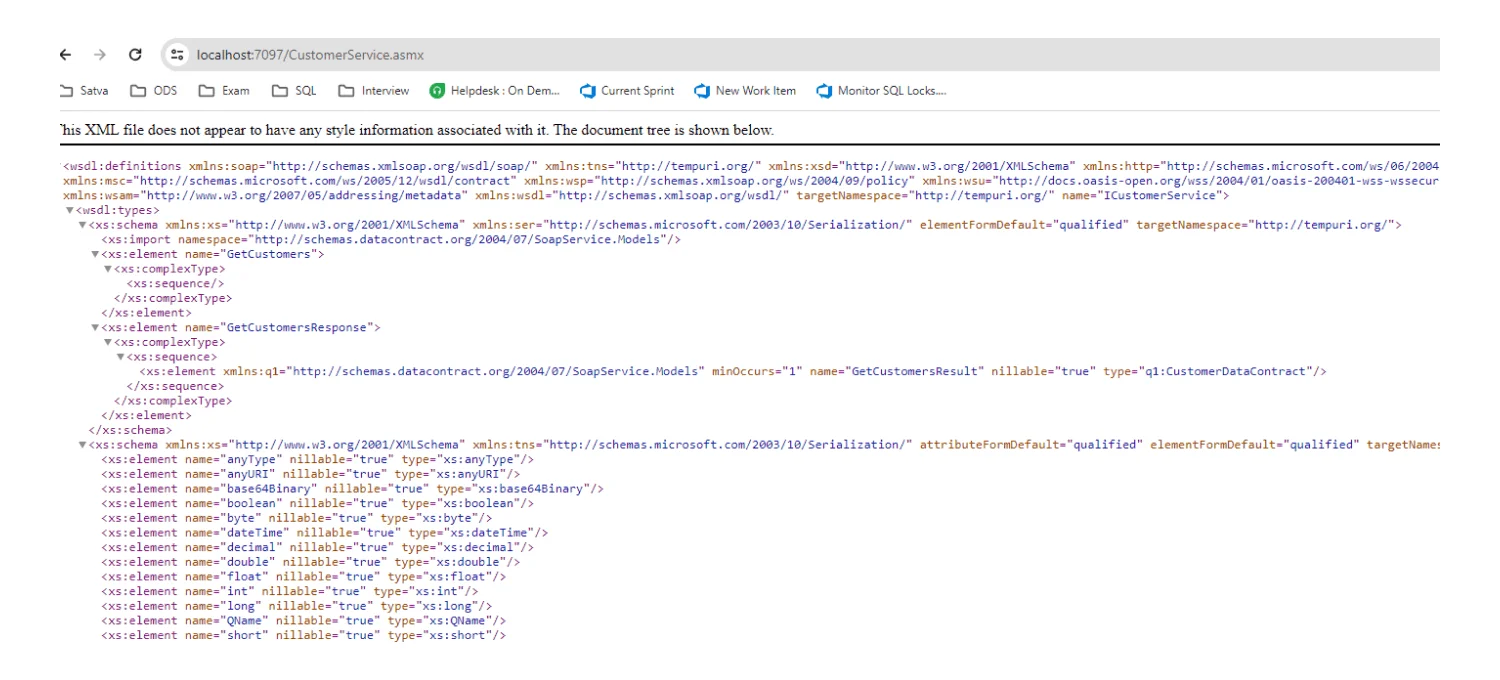 ASP.NET SOAP web service XML response displayed in browser at localhost showing WSDL definitions