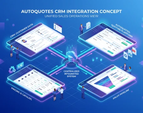 AutoQuotes CRM integration concept showing unified sales operations with customer data, pricing catalog and sales pipeline system