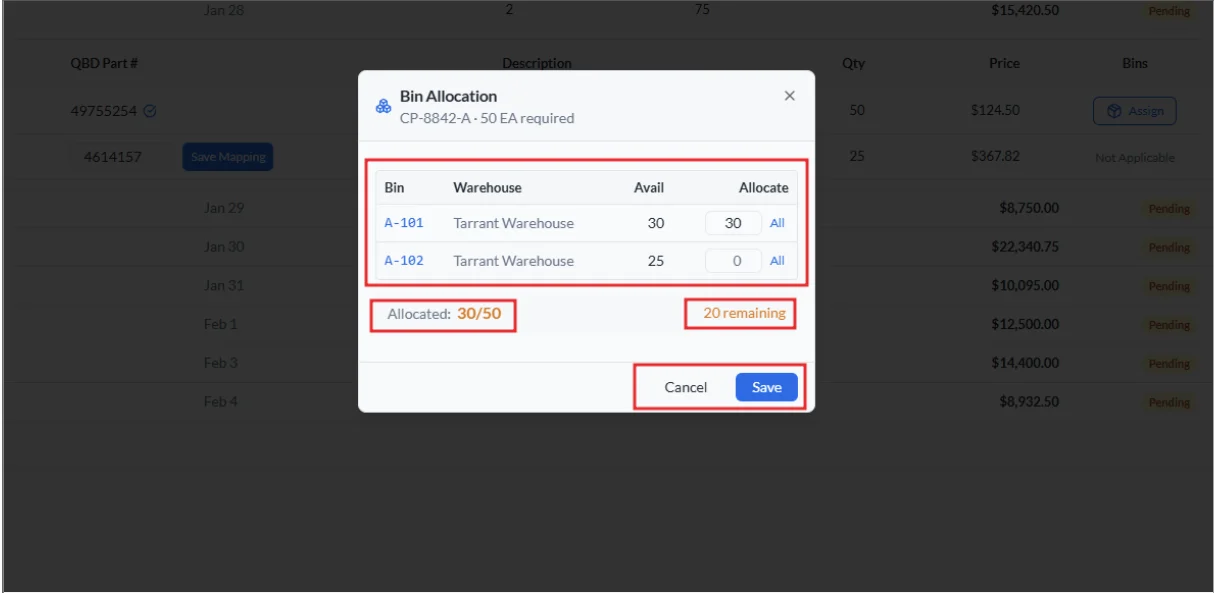 Bin allocation popup showing warehouse-wise inventory availability, allocated quantity, remaining items, and save action