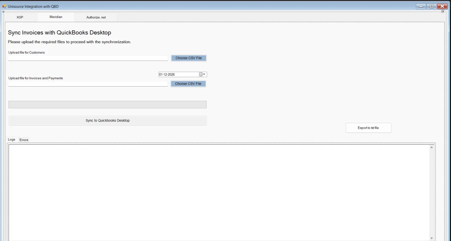 CSV-based customer, invoice, and payment upload screen for syncing data with QuickBooks Desktop