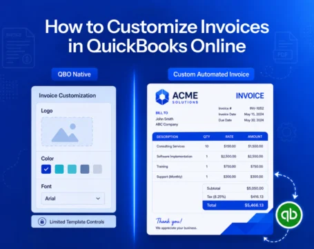 Comparison of QuickBooks Online native invoice customization and automated custom invoice generation with branded templates and PDFs.