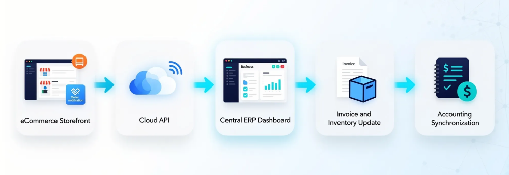 eCommerce storefront integrated with ERP via cloud API for invoicing, inventory update and accounting sync