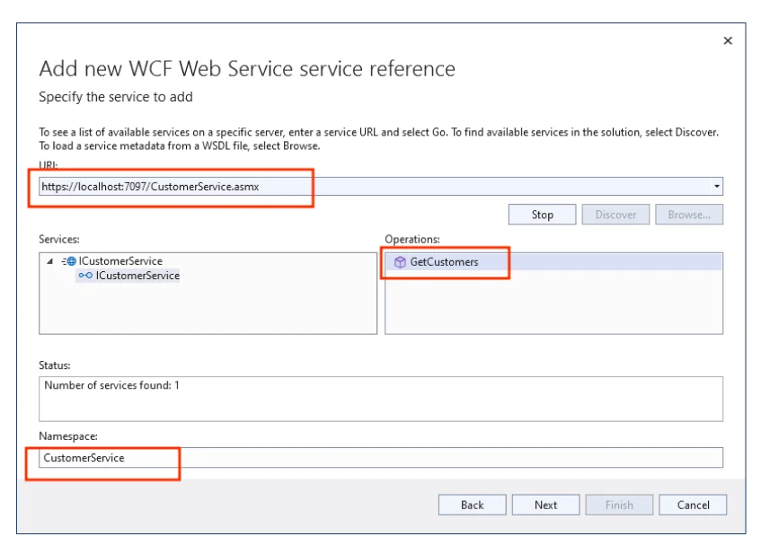 Enter WSDL URL and select GetCustomers operation while adding WCF service reference in Visual Studio