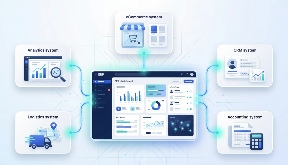 ERP system integration with eCommerce, CRM, analytics, logistics and accounting platforms