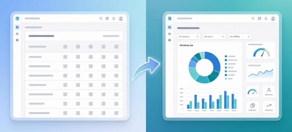 Financial data migration from legacy system to analytics dashboard with revenue charts and reporting