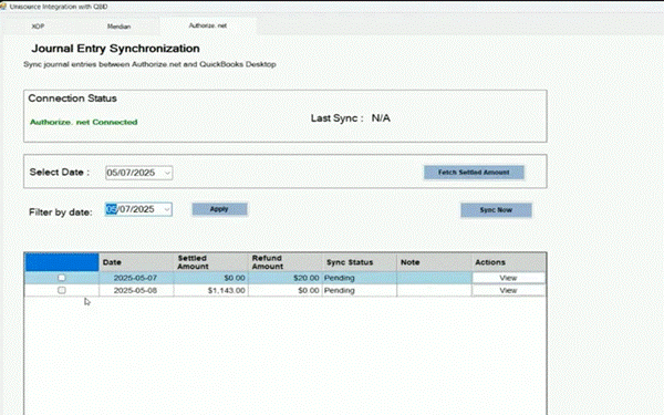 Journal entry synchronization screen showing settlement and refund sync from Authorize.Net to QuickBooks Desktop