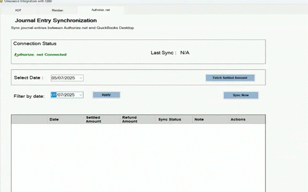 Journal entry synchronization screen showing settlement and refund sync from Authorize.Net to QuickBooks Desktop